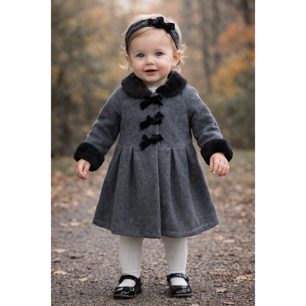 Sophie Rose Fleece Bow Dress Coat Grey Faux Fur Cuff Cozy Toddler Size 18 MOS